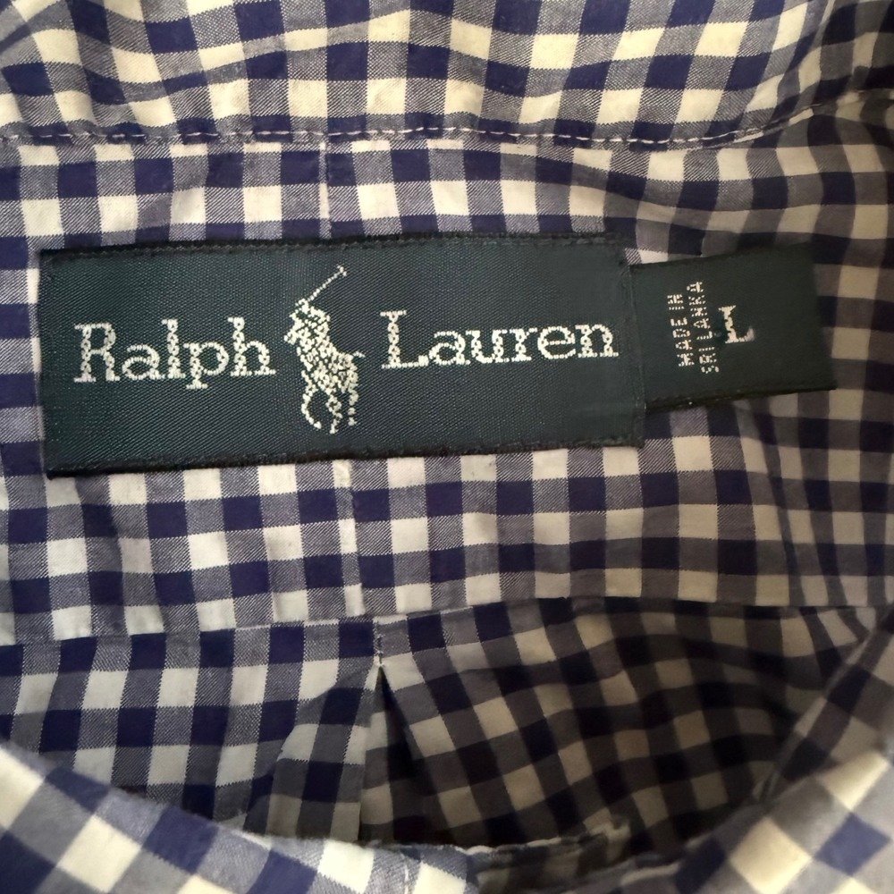 Ralph Lauren Gingham Blue White Button Down Shirt Orange Pony Logo Men Large - Picture 5 of 6